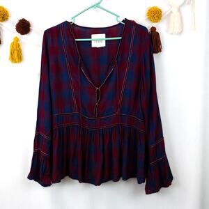 Thread & Supply Red Blue Plaid Bell Sleeve V-Neck Blouse Size Large